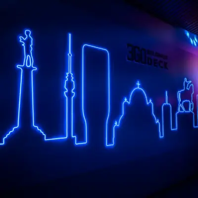 Neon sculpture of the Belgrade skyline with the Belgrade 360 Deck logo at the VIP opening.